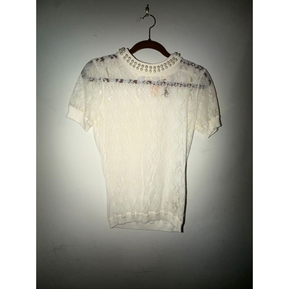 Twelve by twelve white / cream women’s lace top with pearls